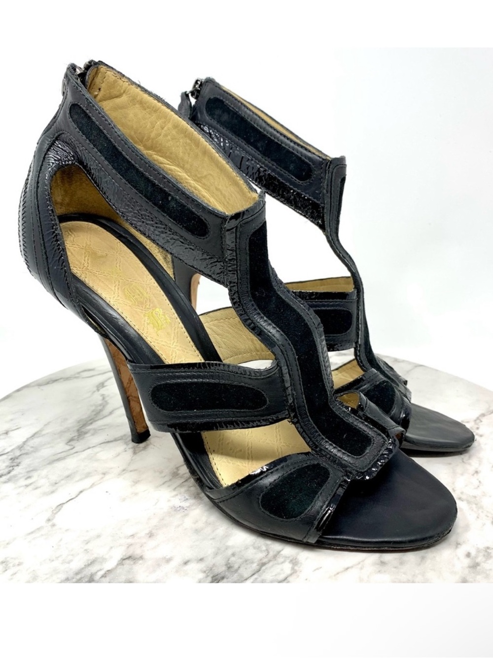 L.A.M.B. Gwen Stefani Strappy Black Leather Sandals 10 Cocktail Evening Formal